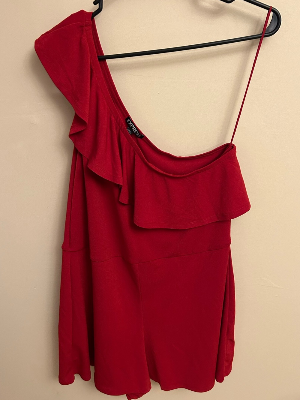 Express One-Shoulder Ruffle Romper in Red - Picture 2 of 3